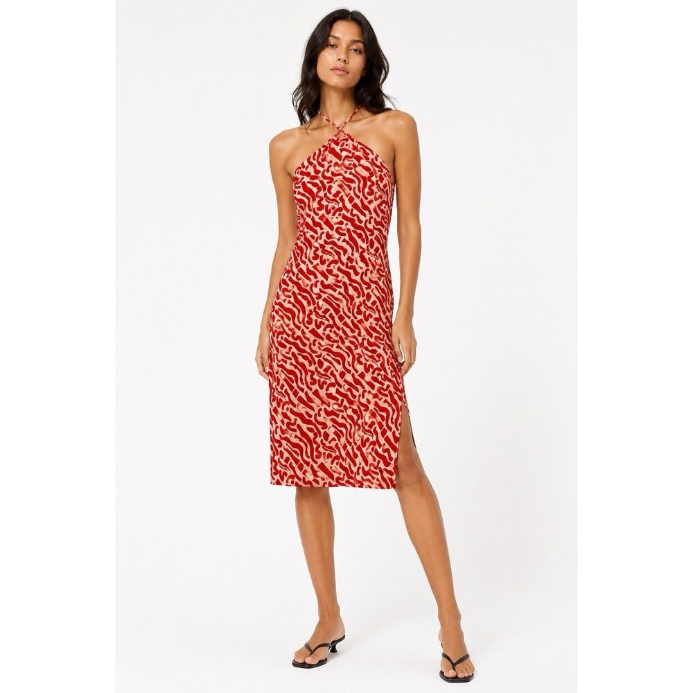 Band of the Free Abstract Print Halter Midi Dress XL Red Cream Side Slit Boho